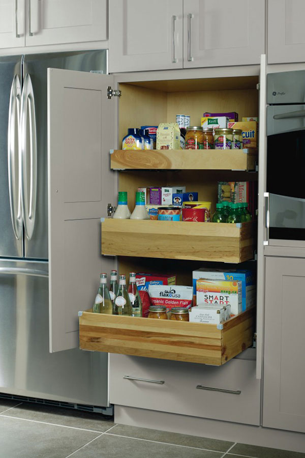 Deep Roll Trays in Pantry Top Unit - Kemper Cabinetry